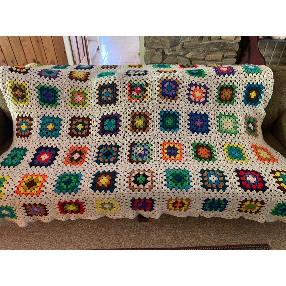 Handmade Granny Square Crochet Throw Blanket Bedspread 76x76 Colorful Bohemian